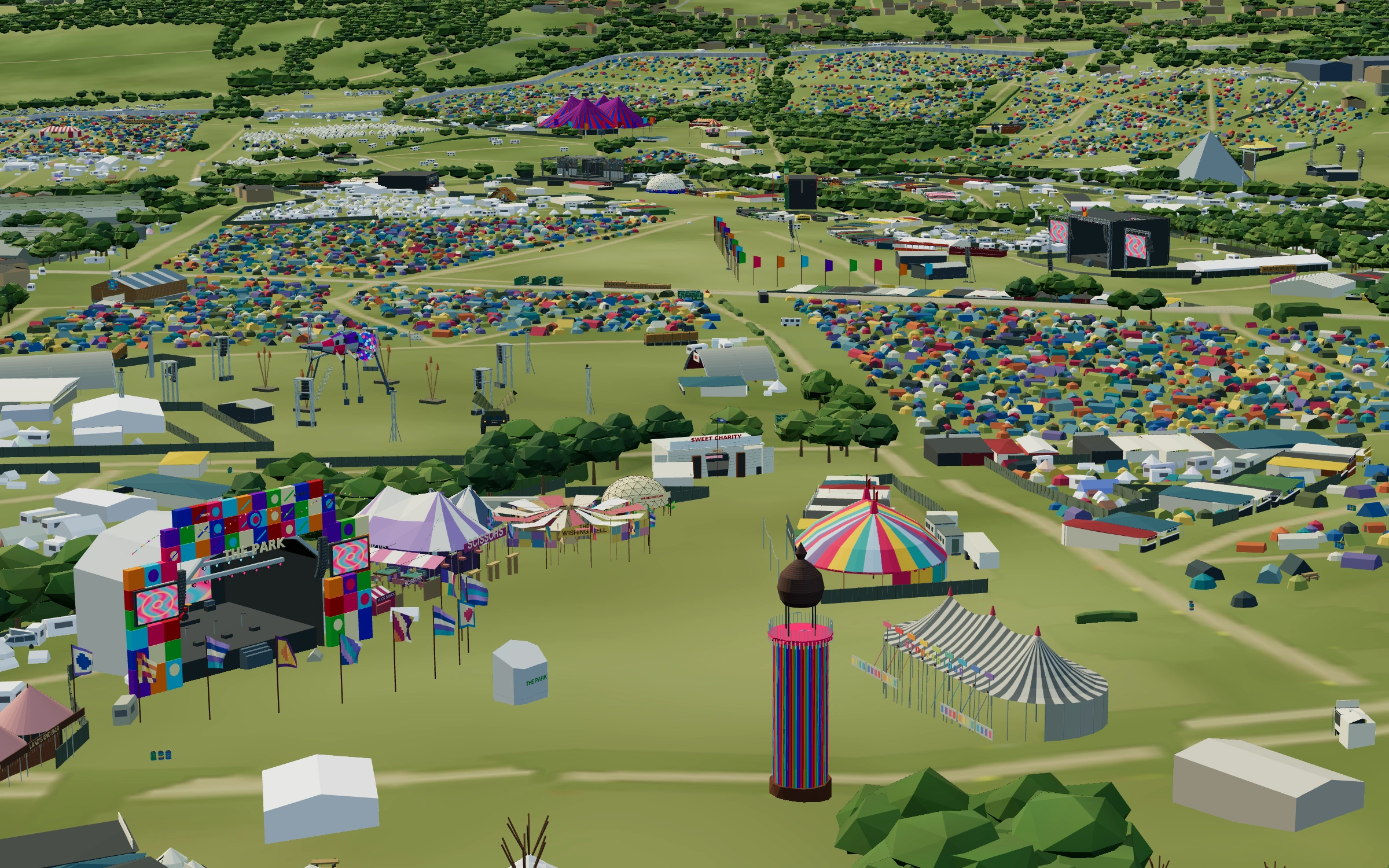 A 3D view across The Park, with the Ribbon Tower, colourful tents and Glastonbury stages beyond